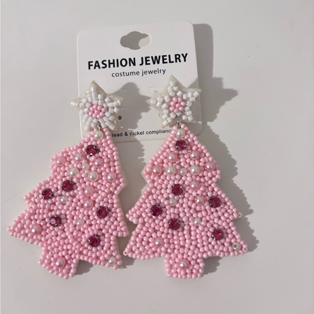 Pink Beaded Christmas Tree Earrings